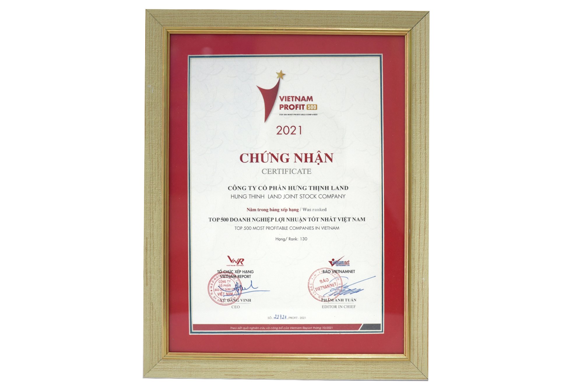 Chứng nhận Top 500 Doanh nghiệp lợi nhuận tốt nhất Việt Nam năm 2021 d&agrave;nh cho Hưng Thịnh Land.