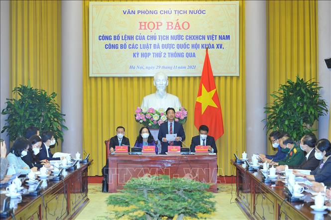 To&agrave;n cảnh họp b&aacute;o dưới sự chủ tr&igrave; của Ph&oacute; Chủ nhiệm Văn ph&ograve;ng Chủ tịch nước Phạm Thanh H&agrave;- Ảnh: TTXVN