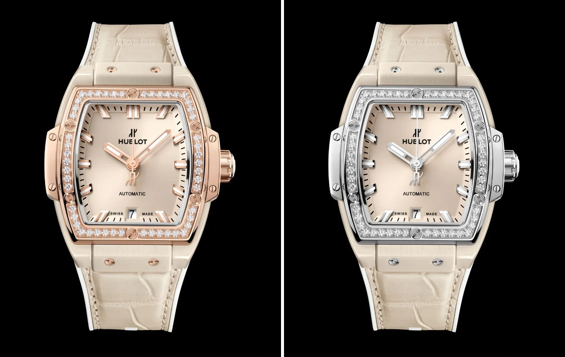 Bộ sưu tập&nbsp;Spirit of Big Bang vốn đ&atilde; c&oacute; nhiều gam m&agrave;u ceramic độc đ&aacute;o, nay lại th&ecirc;m&nbsp;m&agrave;u be với gờ bằng v&agrave;ng King Gold được đ&iacute;nh kim cương (tr&aacute;i) v&agrave; gờ bằng titan (phải).