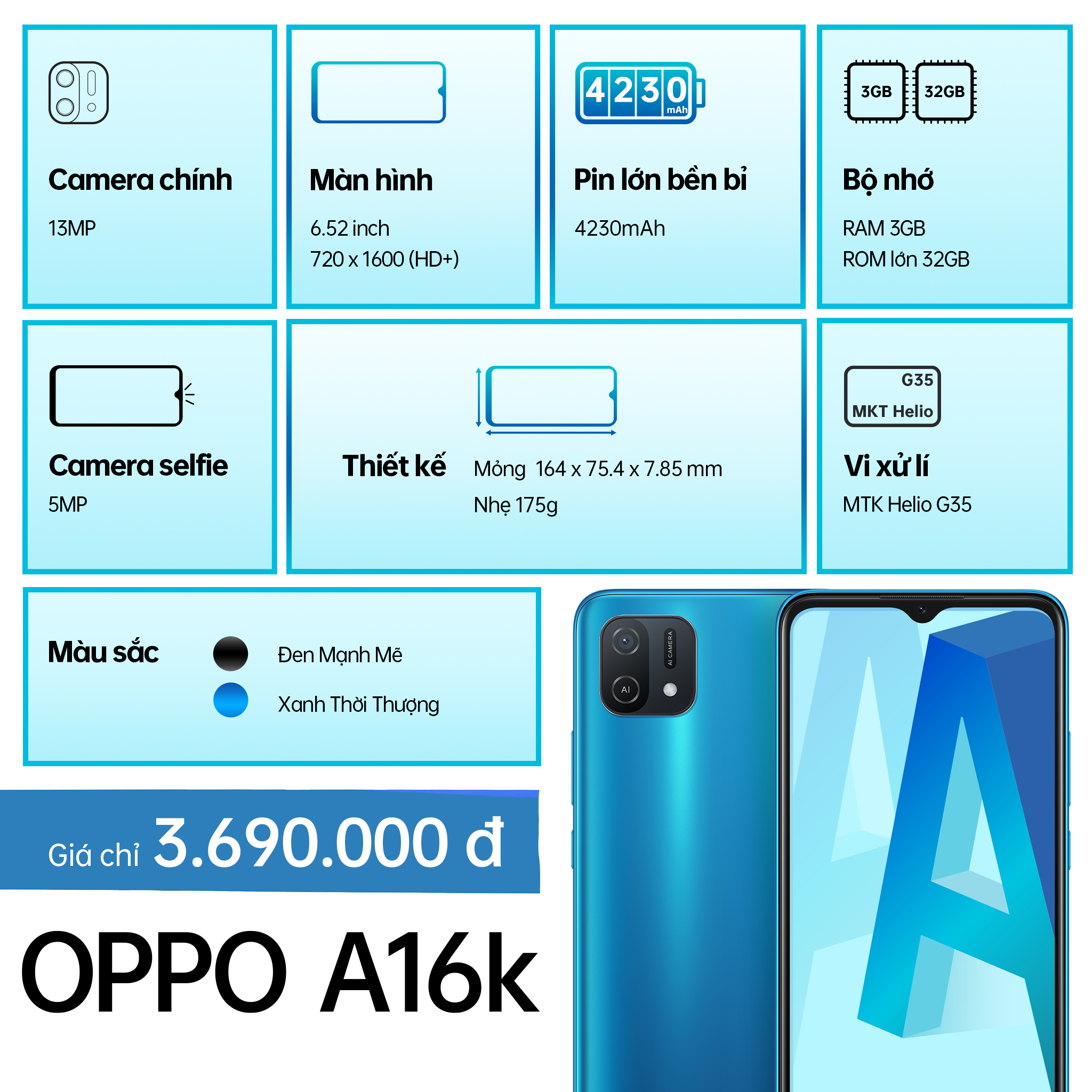 Nhiều tính năng nổi trội về camera, màn hình, pin, bộ nhớ… được tích hợp trong OPPO A16k.