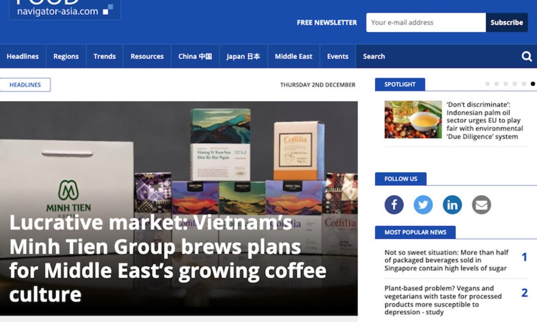 Tập đoàn Cà phê Minh Tiến xuất hiện nổi bật trên trang chủ của tờ FoodNavigator-Asia. (Nguồn: FoodNavigator-Asia).