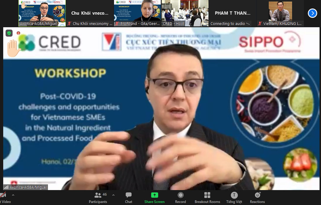 Chuyên gia châu Âu phát biểu trực tuyến tại hội thảo.