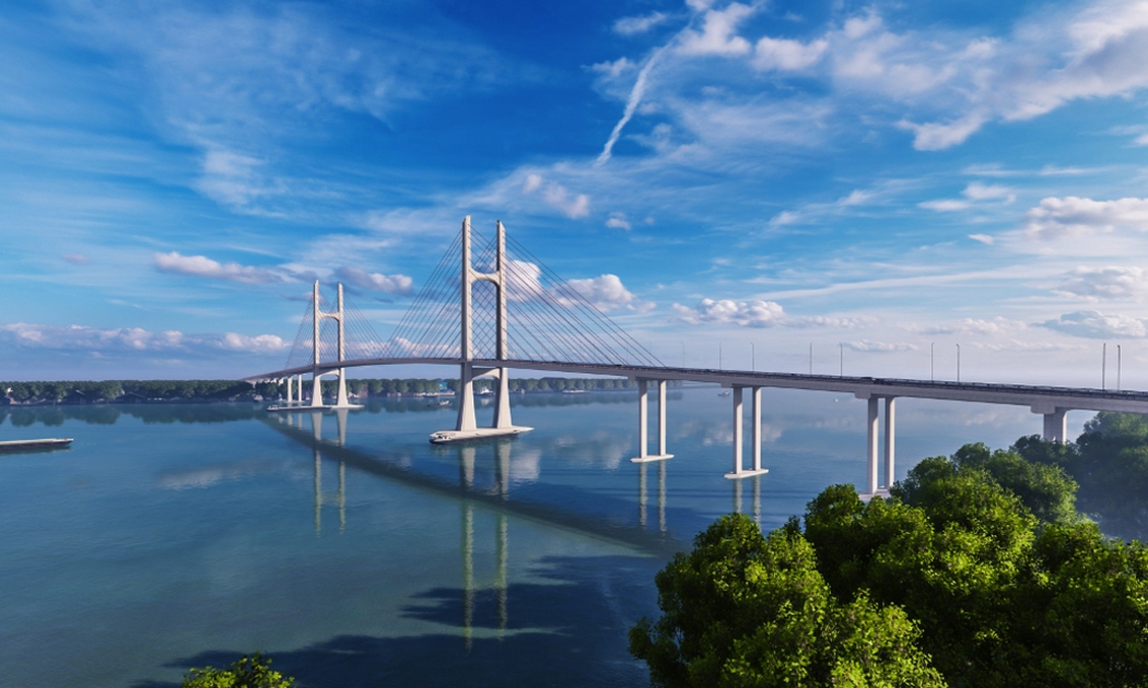 Dự án cầu Rạch Miễu 2 sẽ được khởi công vào tháng 3/2022. Ảnh: Phối cảnh cầu Rạch Miễu 2 của Ban quản lý dự án Mỹ Thuận.