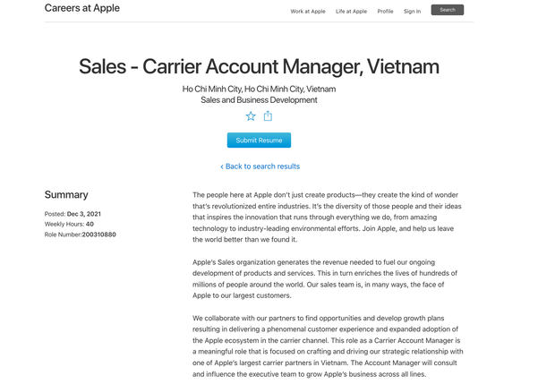 Apple đăng tin tuyển dụng các vị trí làm việc tại Hà Nội và TP HCM trên trang chủ và mạng xã hội LinkedIn