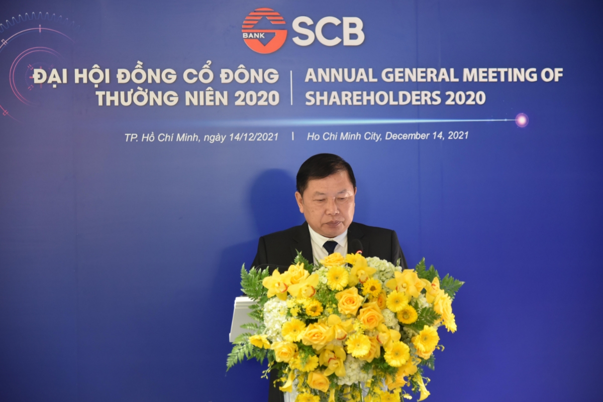 &Ocirc;ng B&ugrave;i Anh Dũng - Chủ tịch Hội đồng Quản trị SCB tr&igrave;nh Đại hội B&aacute;o c&aacute;o của Hội đồng Quản trị năm 2020 v&agrave; định hướng c&ocirc;ng t&aacute;c quản trị năm 2021.
