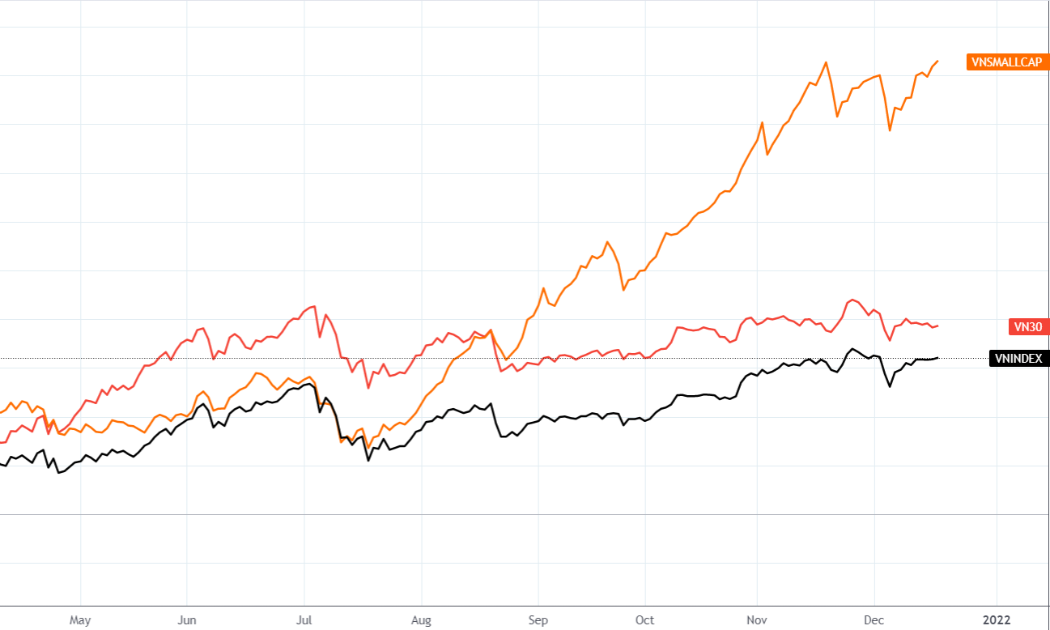 Từ đầu năm 2021 chỉ số VNSmallcap có mức tăng trưởng vượt trội VN-Index và VN30-Index, đặc biệt giai đoạn từ tháng 8 đến nay.