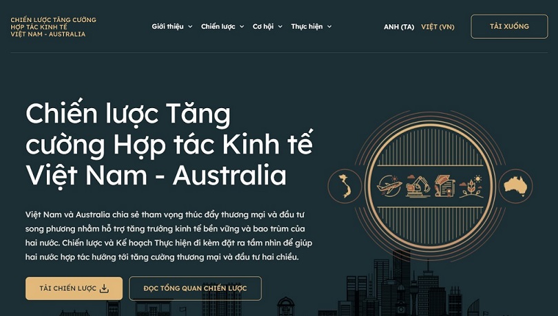 Giao diện trang th&ocirc;ng tin ch&iacute;nh thức của Chiến lược tăng cường hợp t&aacute;c Kinh tế Australia Việt Nam.&nbsp;