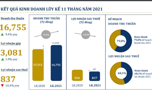 11 tháng, doanh thu vàng miếng của PNJ tăng 22,2% so với cùng kỳ