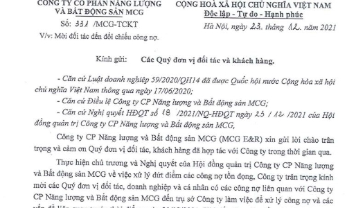 MCG: Mời đối tác đến đối chiếu công nợ
