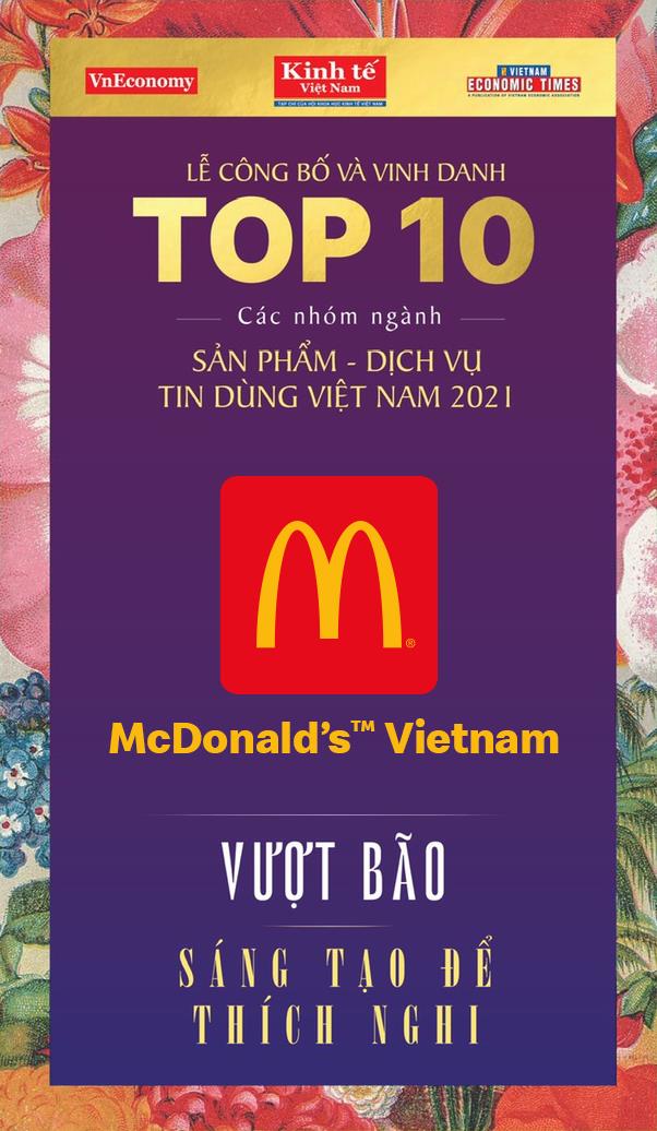 Mcdonald’s việt nam tiếp tục trong top 10 nhóm ngành sản phẩm dịch vụ tin dùng 2021.