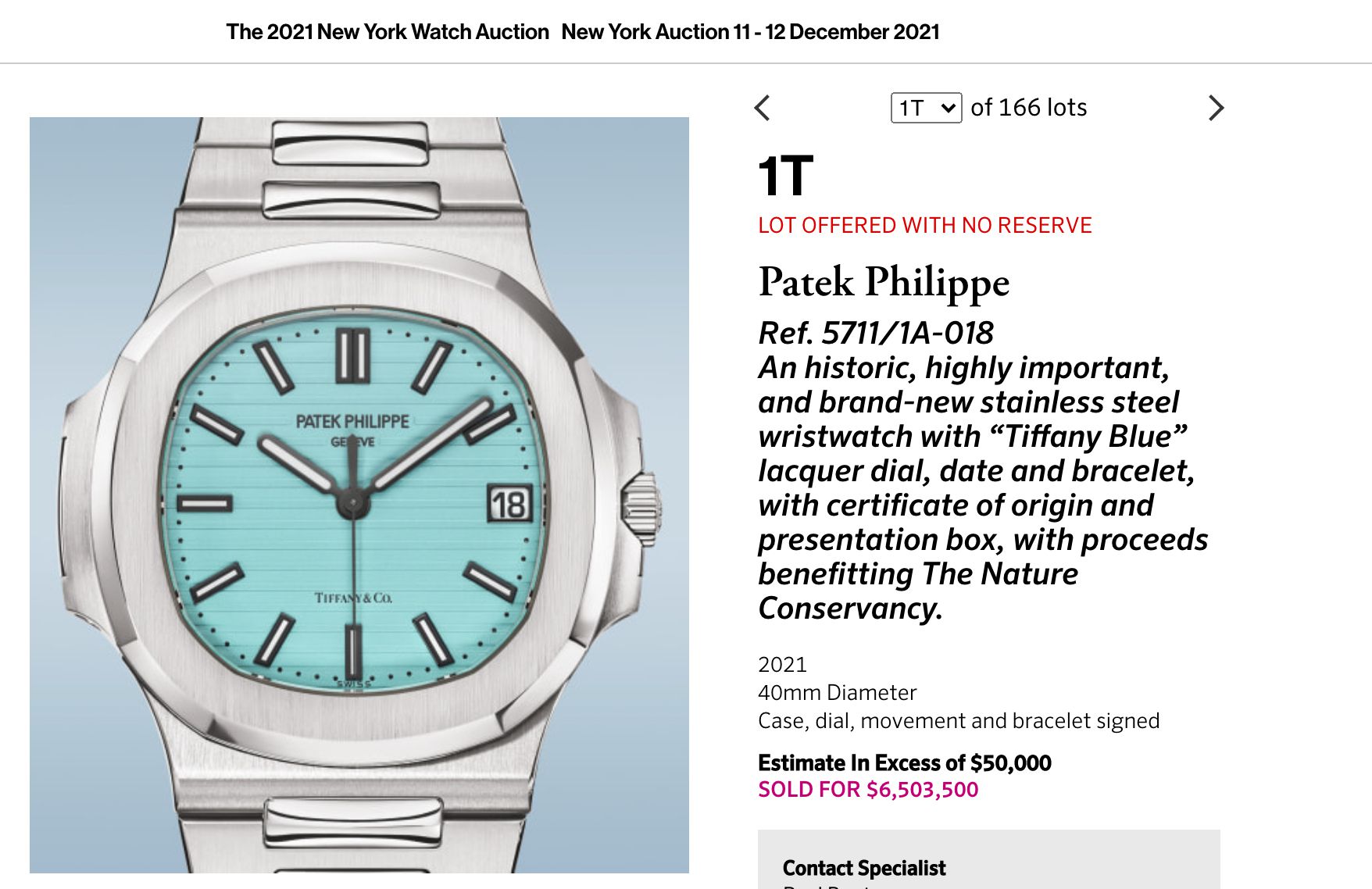 Thông tin và mức giá bán được của chiếc đồng hồ Patek Philippe Nautilus Ref. 5711  được nhà Phillips niêm yết công khai.