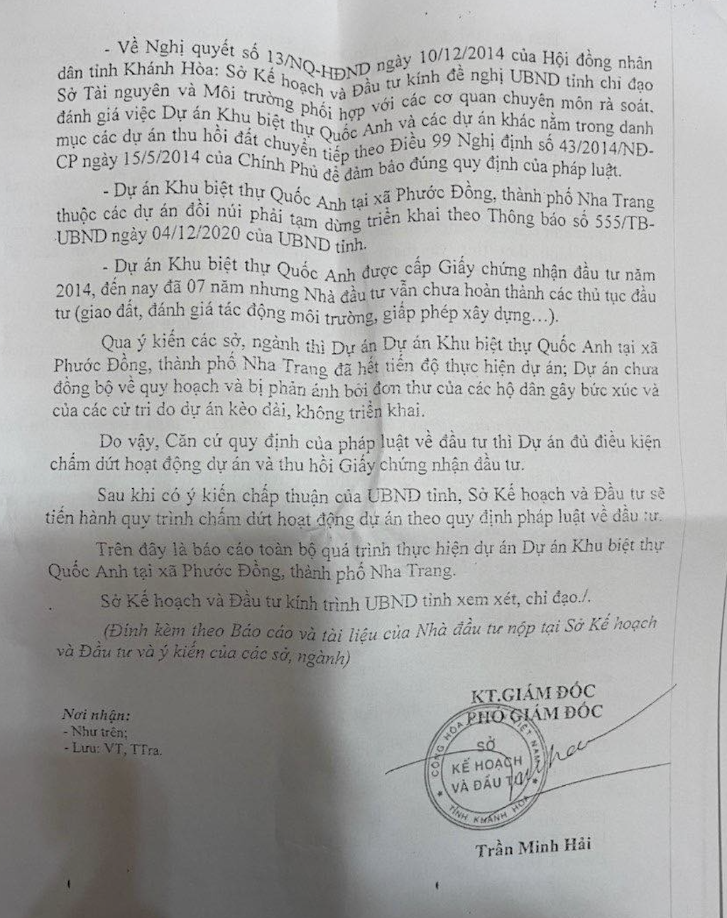 Văn bản của Sở Kế hoạch v&agrave; Đầu tư tỉnh Kh&aacute;nh Ho&agrave;.&nbsp;