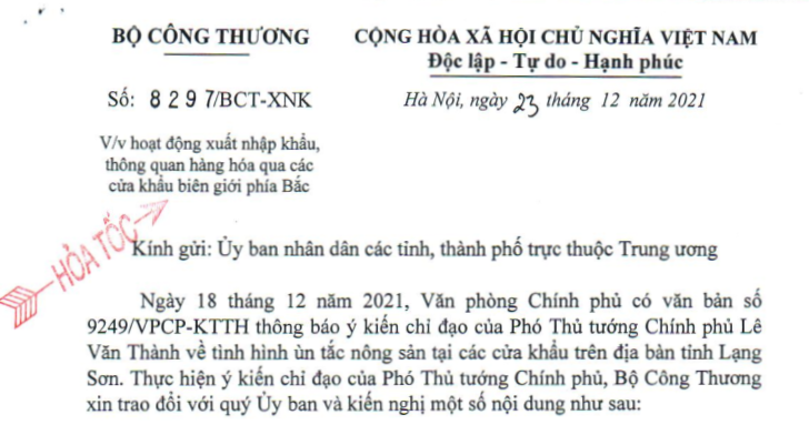 Công văn hỏa tốc của Bộ Công Thương gửi các tỉnh.