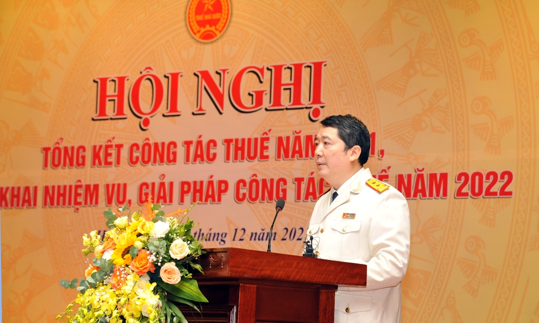 Tổng cục trưởng Tổng cục Thuế Cao Anh Tuấn phát biểu tại hội nghị.