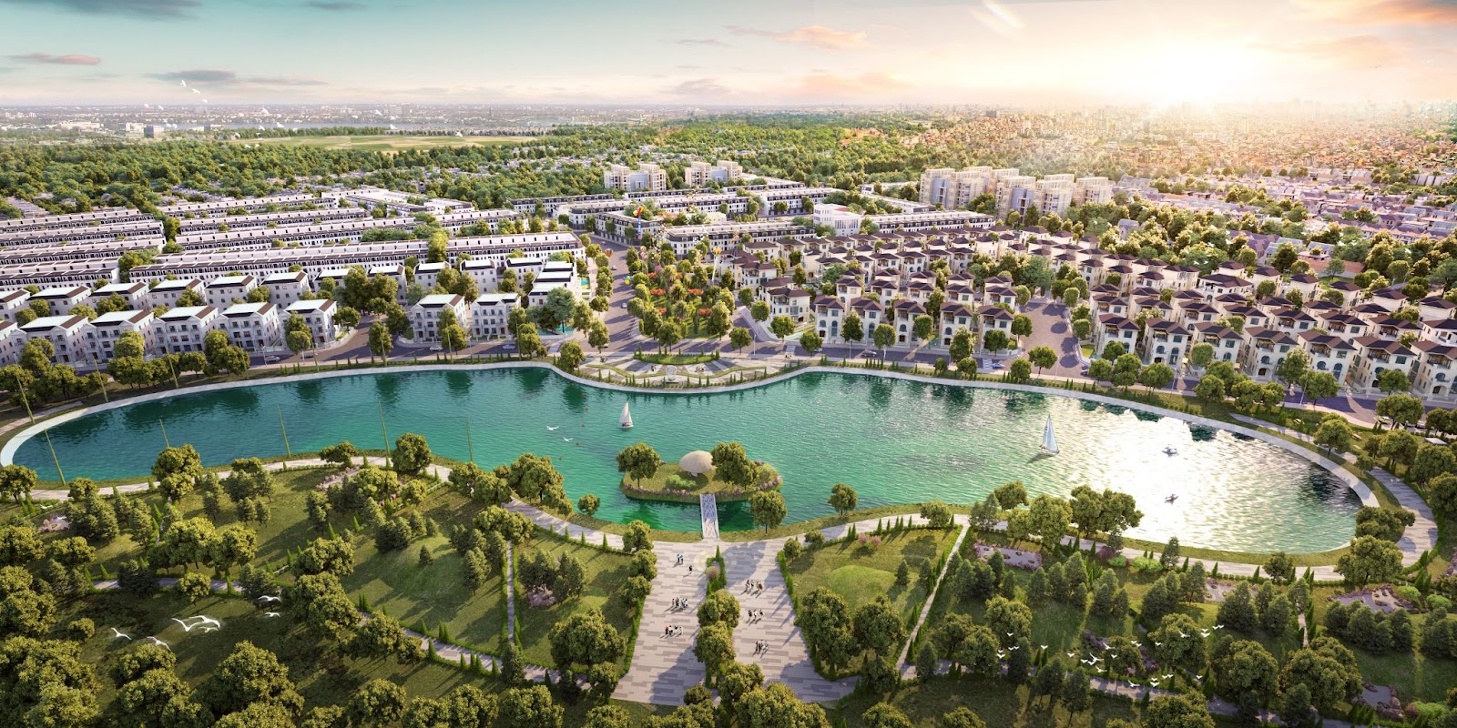 Cảnh sắc thơ mộng của sông hồ, công viên, điểm xuyết cùng sắc màu của cỏ cây, hoa lá là nơi giúp chủ sở hữu tránh xa ồn ào, ô nhiễm của thành phố.