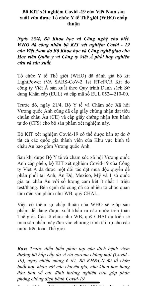 Ảnh chụp thông cáo báo chí được Bộ KH&CN email tới các cơ quan báo chí ngày 26/4/2020.