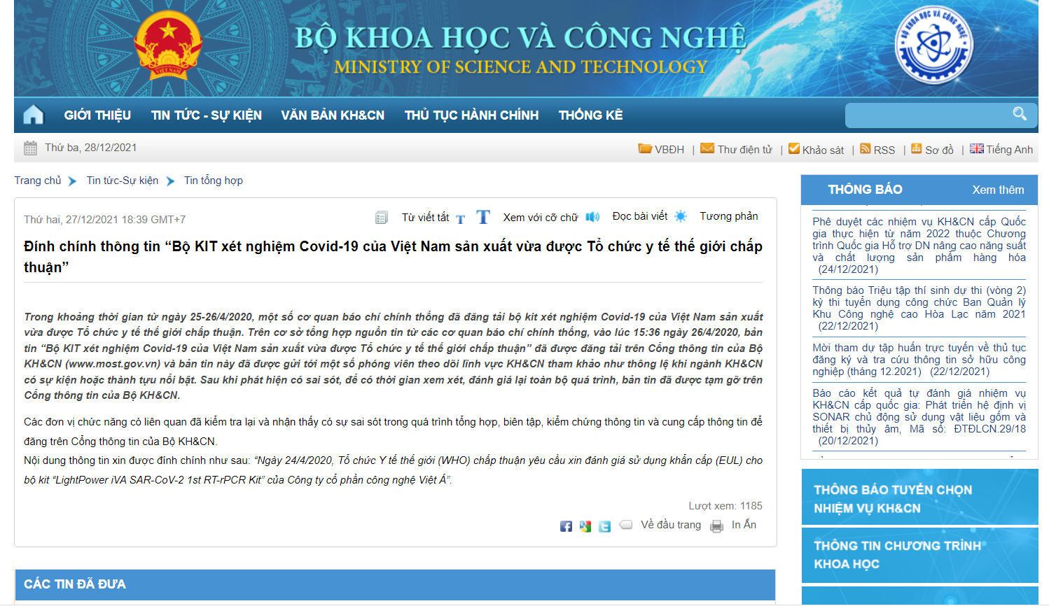 Thông tin đính chính được đăng tải trên Cổng thông tin điện tử của Bộ Khoa học và Công nghệ