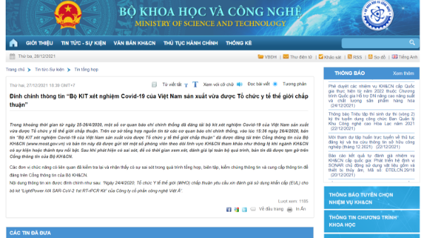 Bộ Khoa học Công nghệ lên tiếng việc gỡ thông tin liên quan đến bộ kit xét nghiệm của Việt Á