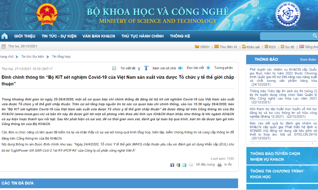 Thông tin đính chính được đăng tải trên Cổng thông tin điện tử của Bộ Khoa học và Công nghệ