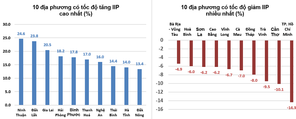 Tốc độ tăng/giảm IIP năm 2021 so với năm 2020 của một số địa phương.