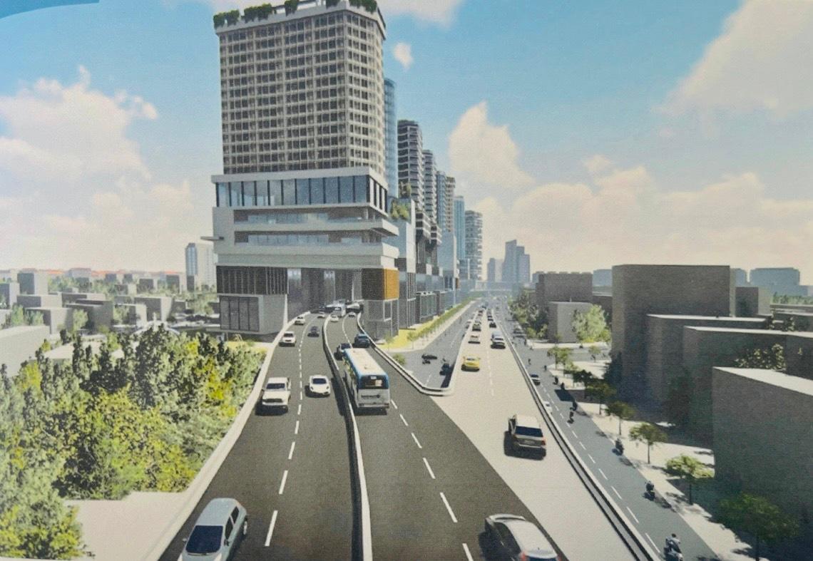 Phối cảnh dự án tuyến đường trên cao Bắc - Nam với ýtưởng khai thác không gian dọc tuyến bằng cách xây dựng các dự án nhà ở, nhà cao tầng...