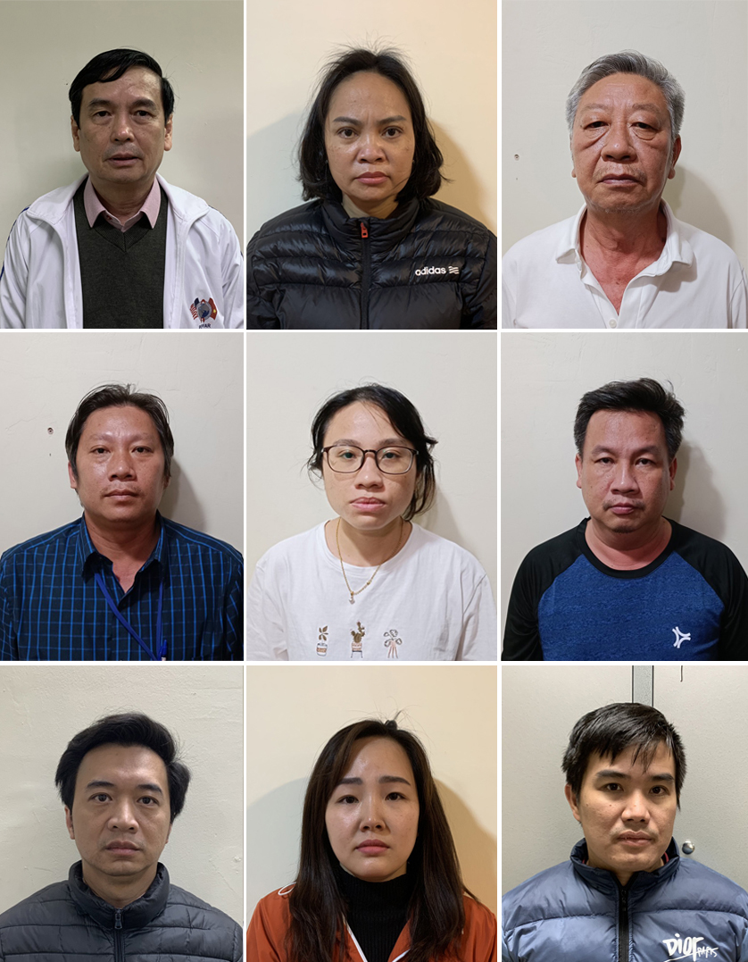 Các bị can: Định; Thắm; Danh; Phong; Xuyên; Cường; Giang; Thúy; Nguyên (lần lượt từ trái sang phải, từ trên xuống dưới) - Ảnh Bộ Công an