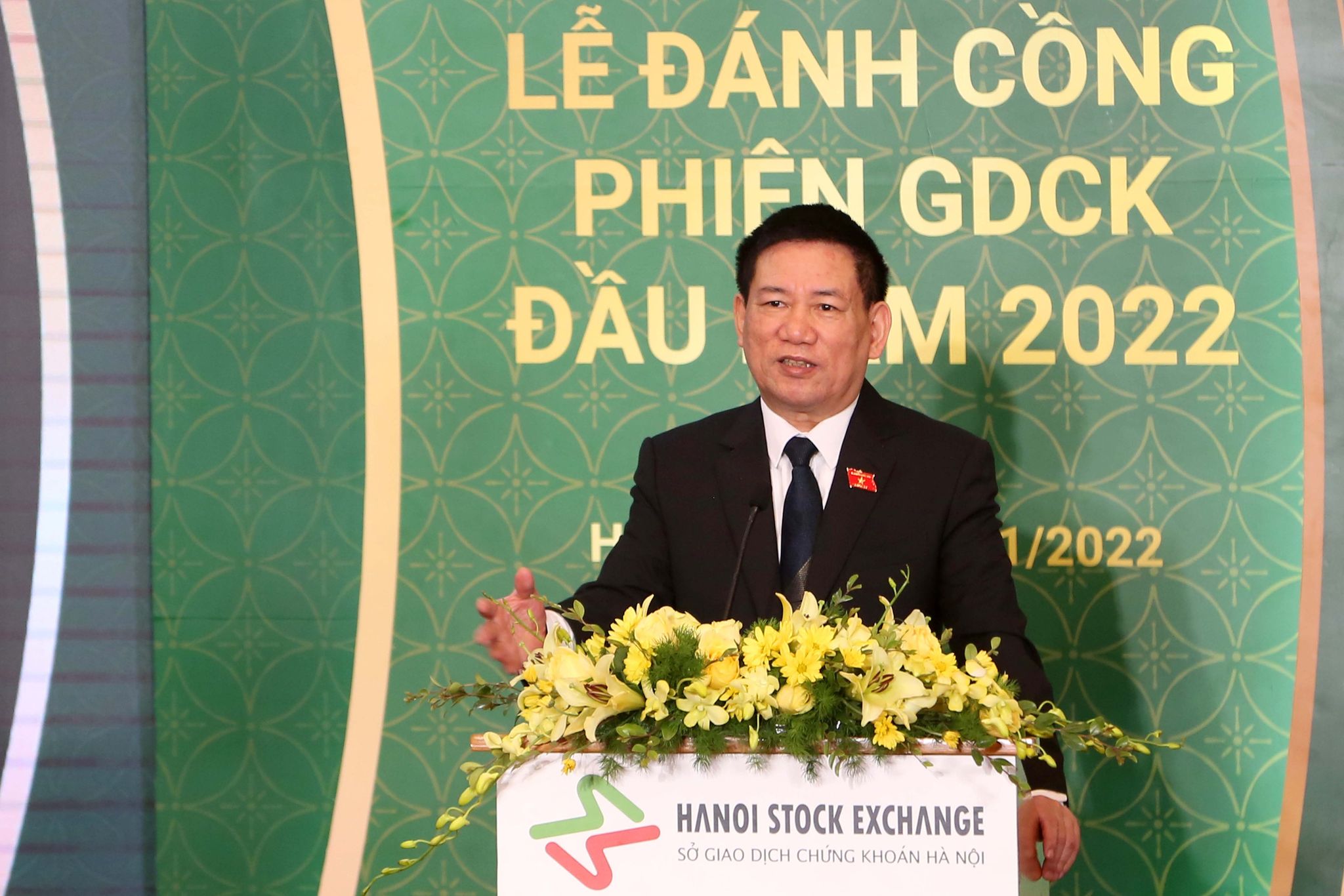 Bộ trưởng Bộ Tài chính Hồ Đức Phớc phát biểu tại lễ đánh cồng khai trương phiên giao dịch đầu năm 2022...