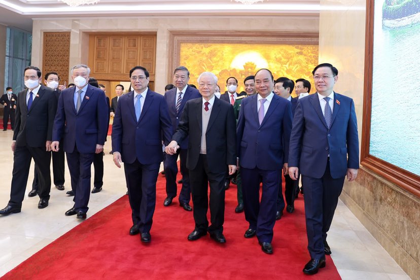 Tổng B&iacute; thư Nguyễn Ph&uacute; Trọng v&agrave; c&aacute;c đồng ch&iacute; l&atilde;nh đạo Đảng, Nh&agrave; nước đến dự Hội nghị Ch&iacute;nh phủ với địa phương - Ảnh: VGP