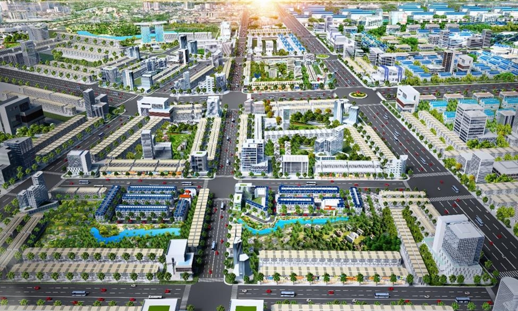 Phối cảnh khu đô thị 5F Capella bao quanh bởi các khu công nghiệp lớn và bốn tuyến đường huyết mạch gồm đại lộ Uyên Hưng - Thủ Dầu Một, đại lộ Nam Tân Uyên, Vành đai 4 và ĐT 742.