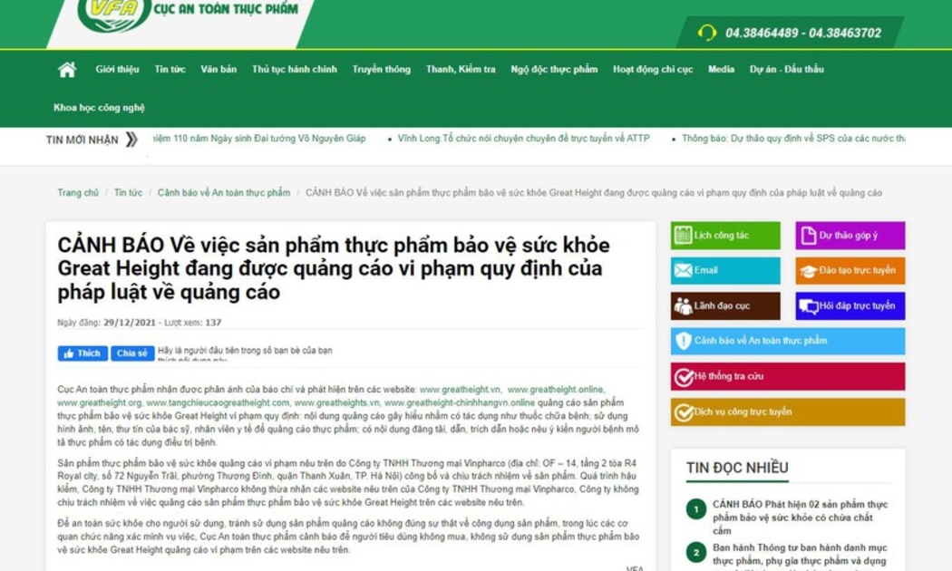 Cục An toàn thực phẩm Bộ Y tế đăng thông tin cảnh báo tới người tiêu dùng về sản phẩm tăng chiều cao Great Height