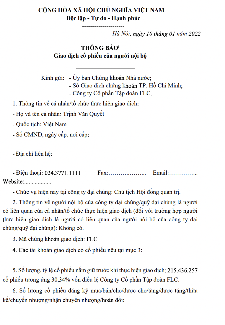 FLC đã xoá bỏ thông tin này trên trang web.