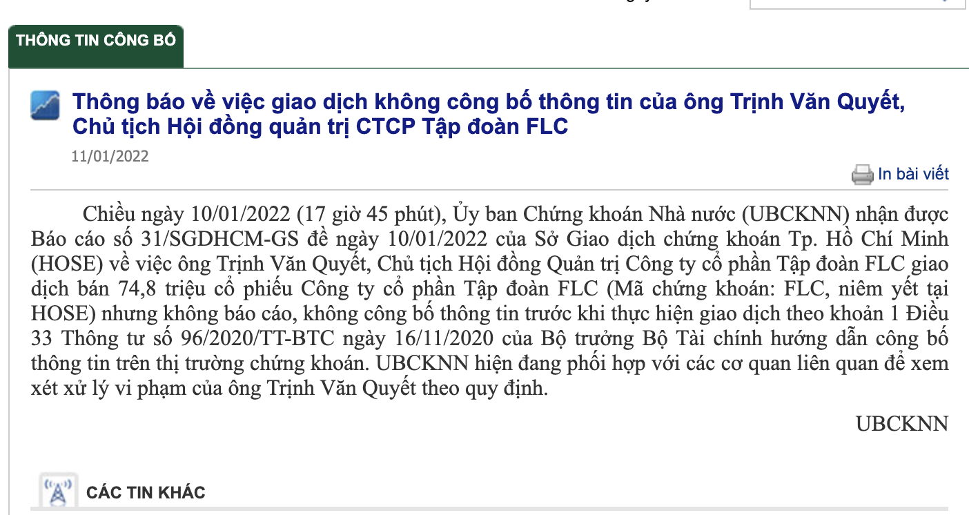 Th&ocirc;ng b&aacute;o của Uỷ ban Chứng kho&aacute;n Nh&agrave; nước.&nbsp;