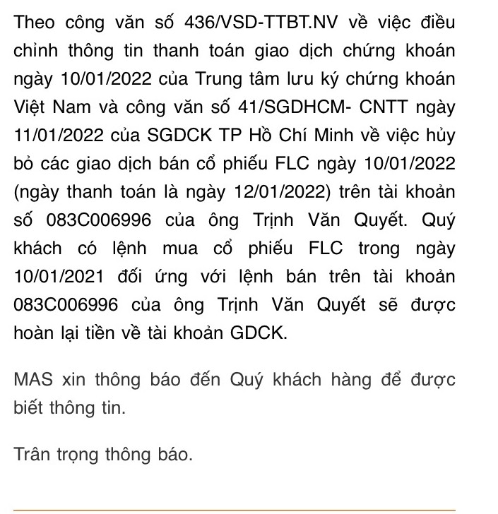 Th&ocirc;ng b&aacute;o huỷ lệnh mua FLC v&agrave; ho&agrave;n tiền tại MAS.&nbsp;