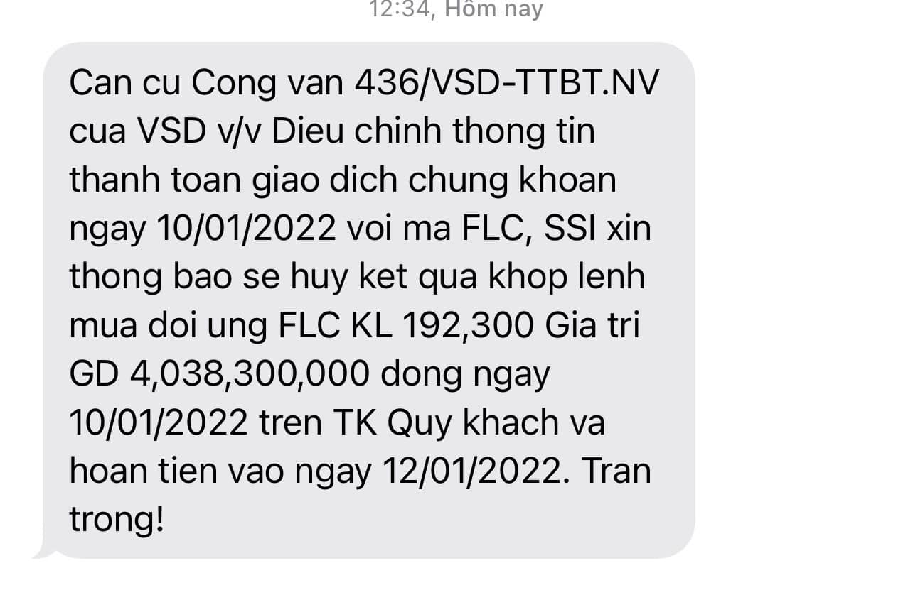 Thông báo huỷ lệnh mua FLC và hoàn tiền tại SSI. 