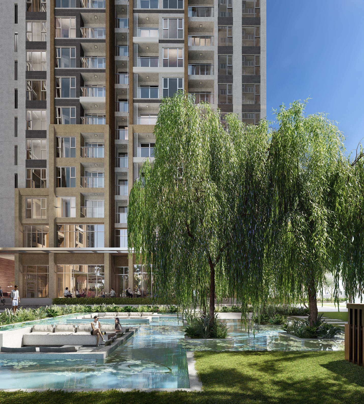 Yếu tố nước được ứng dụng trong thiết kế nội khu. Ảnh: Masterise Homes.