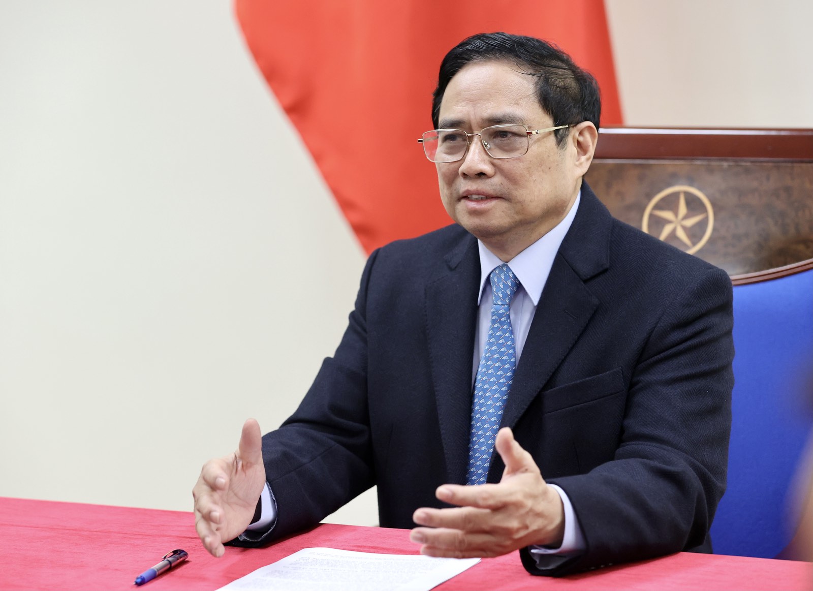 Thủ tướng Phạm Minh Chính tại cuộc điện đàm - Ảnh: VGP