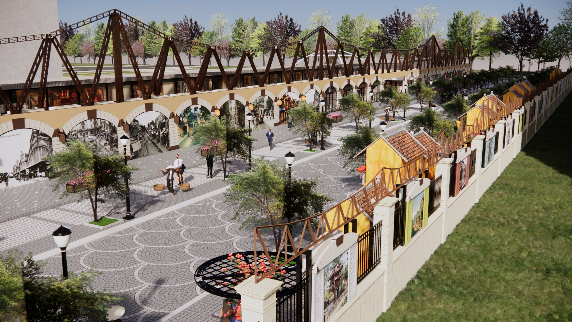 Phố đi bộ Pont de Long Bien t&aacute;i hiện khung cảnh H&agrave; Nội thế kỷ 19, tạo th&agrave;nh nơi trải nghiệm kh&ocirc;ng kh&iacute; chợ Tết xưa v&agrave; nay.