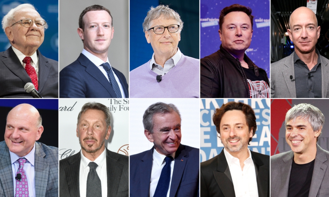 10 tỷ phú giàu nhất thế giới hiện nay, từ trái qua và từ trên xuống: Warren Buffett, Mark Zuckerberg, Bill Gates, Elon Musk, Jeff Bezos, Steve Ballmer, Larry Ellison, Bernard Arnault, Sergey Brin, Larry Page.