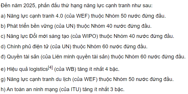 Một số mục tiêu nâng cao năng lực cạnh tranh của Việt Nam đến năm 2025.