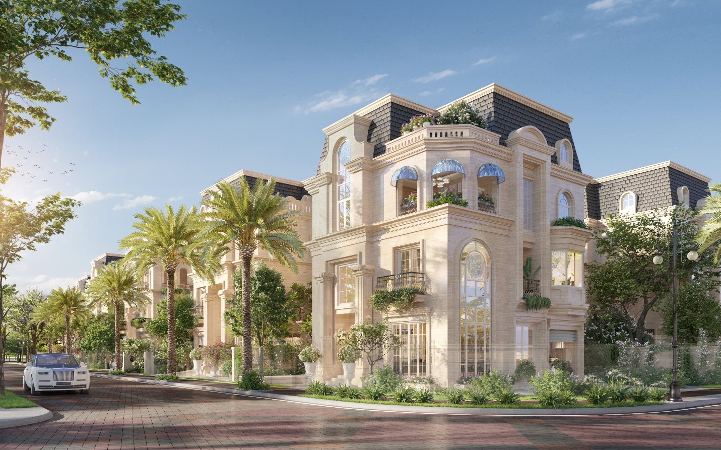 Mặt ngo&agrave;i c&aacute;c căn dinh thự được ốp đ&aacute; Moca Limestone.