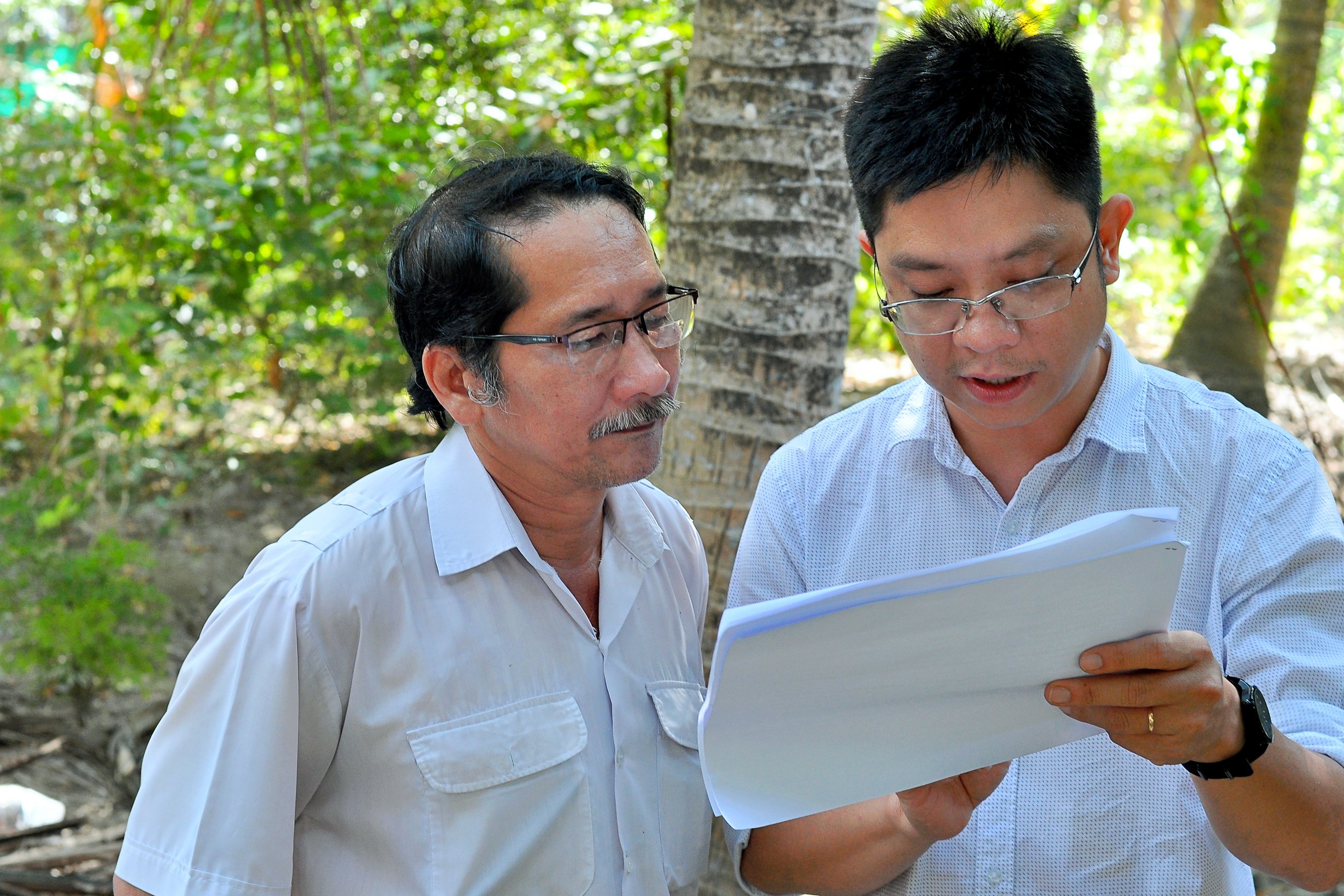 C&aacute;n bộ của Betrimex hướng dẫn kỹ thuật cho n&ocirc;ng d&acirc;n trồng dừa Bến Tre.