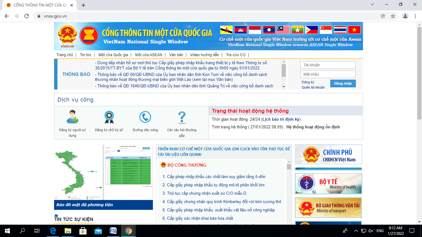 &ldquo;Bản đồ mật độ phương tiện&rdquo; triển khai tr&ecirc;n Cổng th&ocirc;ng tin một cửa quốc gia.