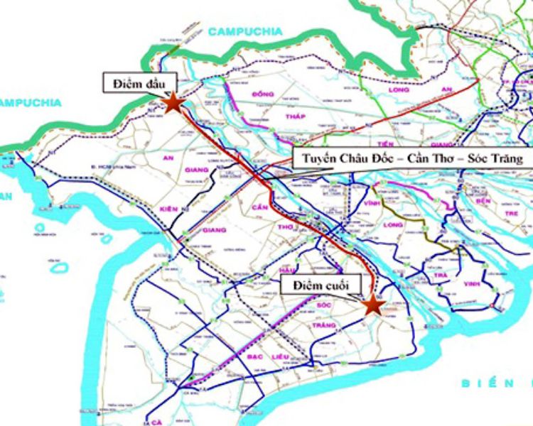 Bản đồ tuyến cao tốc Châu Đốc - Cần Thơ - Sóc Trăng dài 188 km.