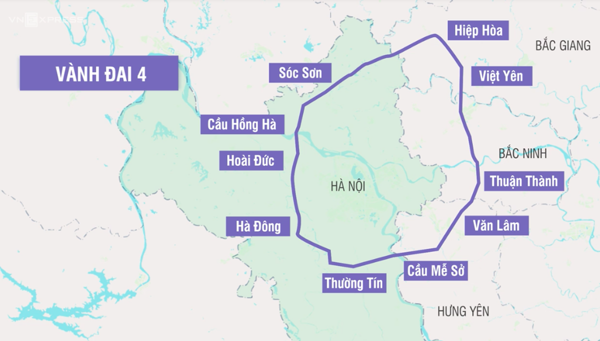 Hướng tuyến đường vành đai 4 theo quy hoạch.