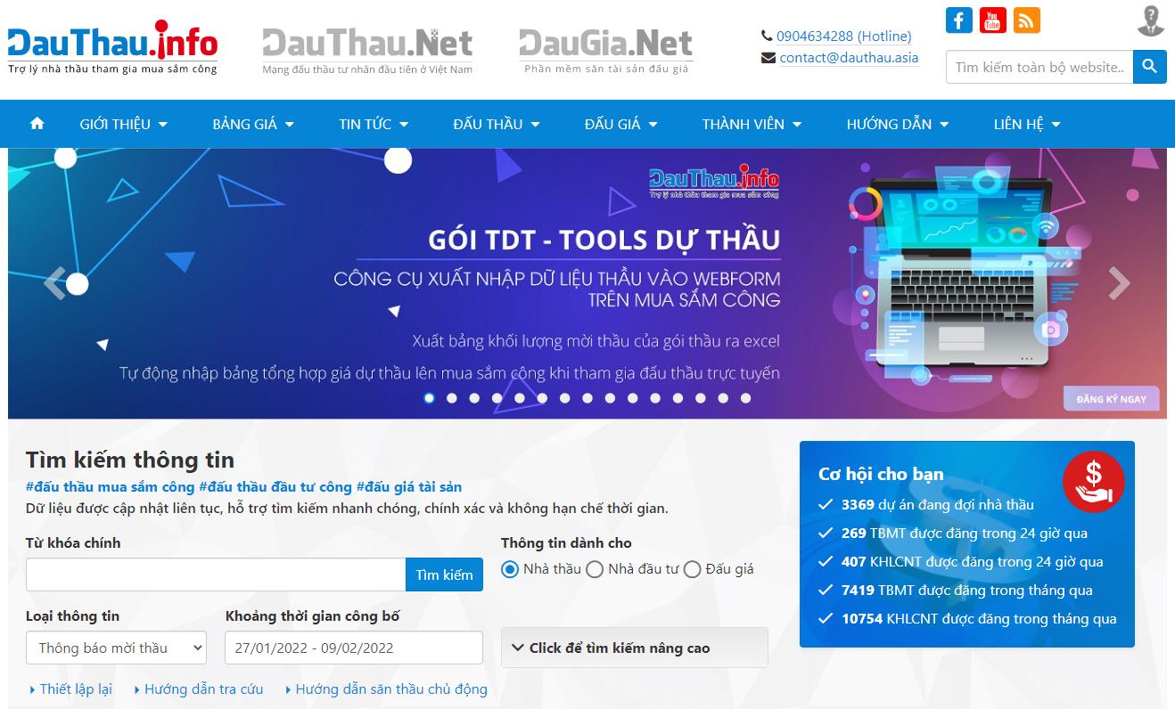 Giao diện trang ch&iacute;nh của Phần mềm ph&acirc;n t&iacute;ch th&ocirc;ng tin thầu - DauThau.info