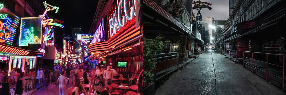 Một con phố ở khu đèn đỏ Soi Cowboy của Bangkok nhộn nhịp vào năm 2012 và cảnh ảm đạm trong năm 2021 - Ảnh: Alamy