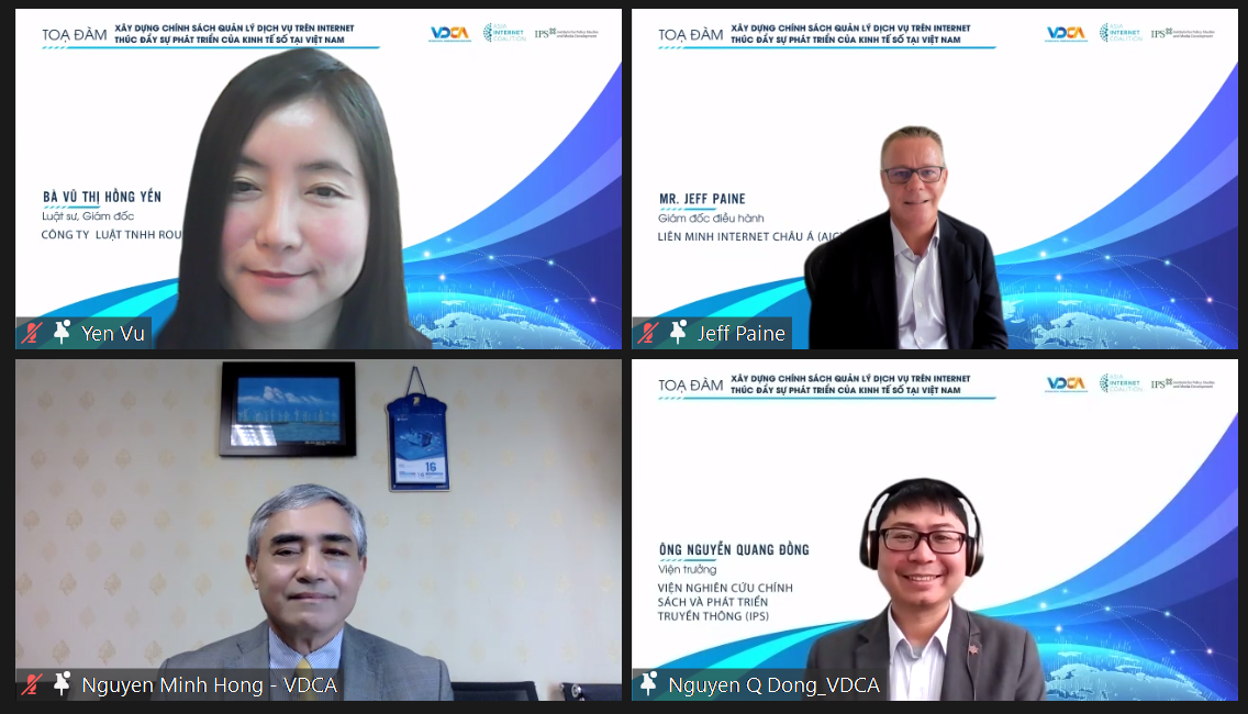 Các chuyên gia chia sẻ tại tọa đàm “Xây dựng chính sách quản lý dịch vụ trên Internet thúc đẩy sự phát triển của kinh tế số tại Việt Nam”.