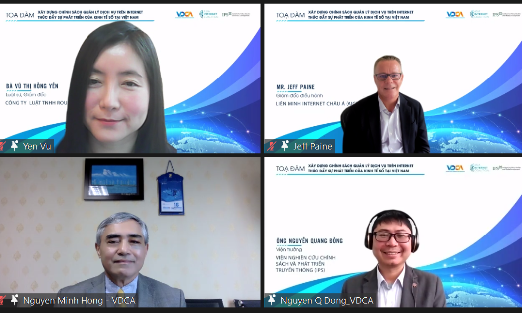 Các chuyên gia chia sẻ tại tọa đàm “Xây dựng chính sách quản lý dịch vụ trên Internet thúc đẩy sự phát triển của kinh tế số tại Việt Nam”.