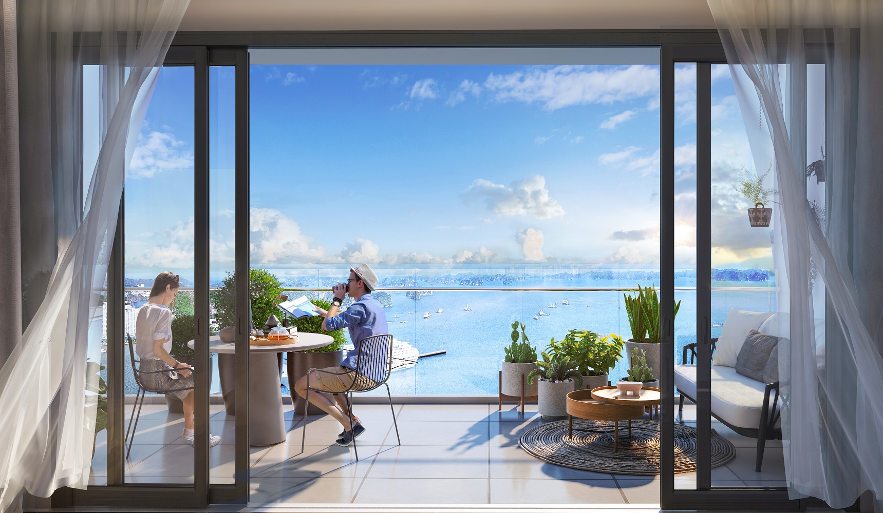 Từ căn hộ th&aacute;p đ&ocirc;i Sun Marina Town c&oacute; thể nh&igrave;n bao qu&aacute;t 1969 h&ograve;n đảo ngo&agrave;i Vịnh Hạ Long. Ảnh phối cảnh minh họa.