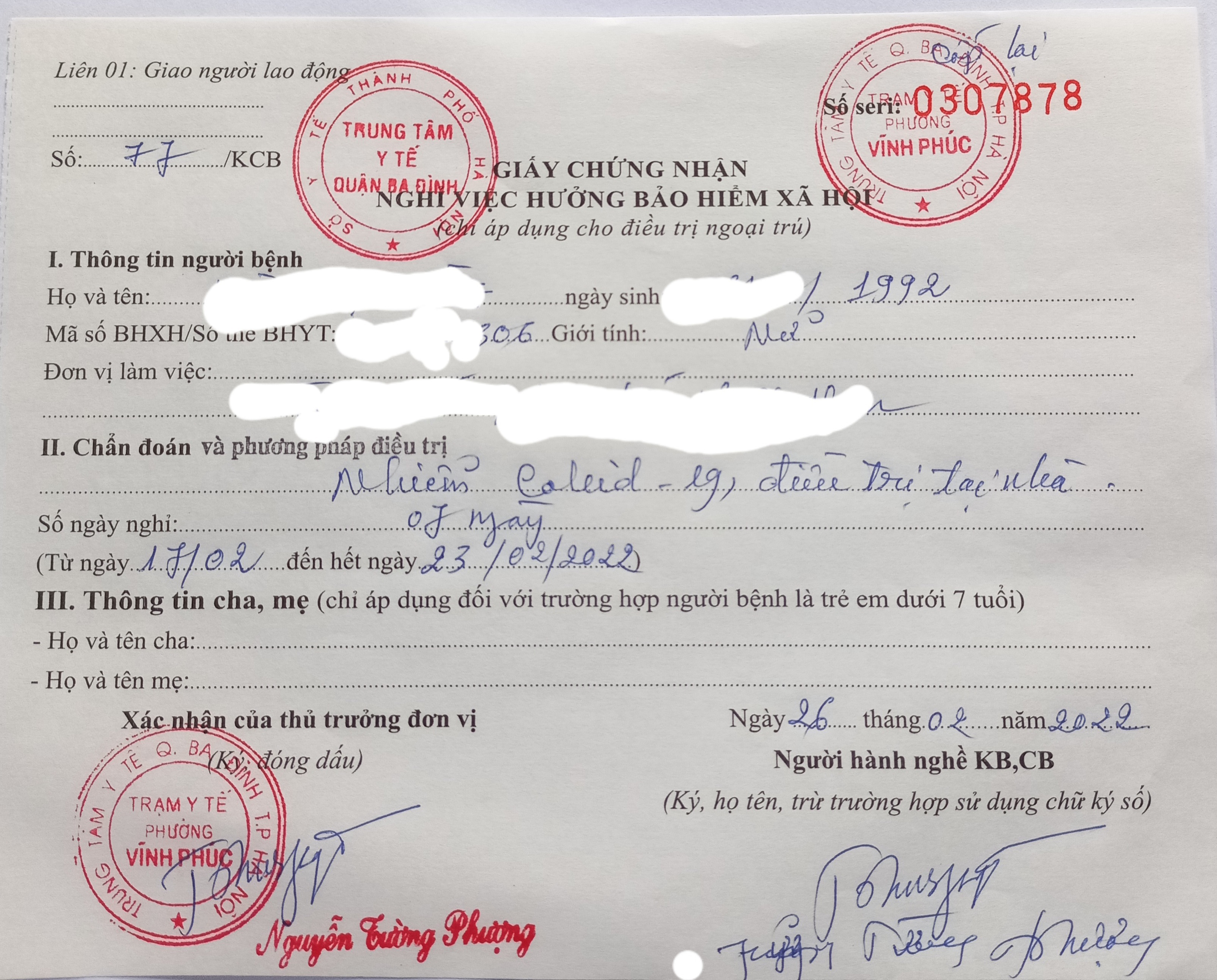 Một mẫu giấy chứng nhận nghỉ việc hưởng bảo hiểm x&atilde; hội. Ảnh - Nhật Dương.&nbsp;